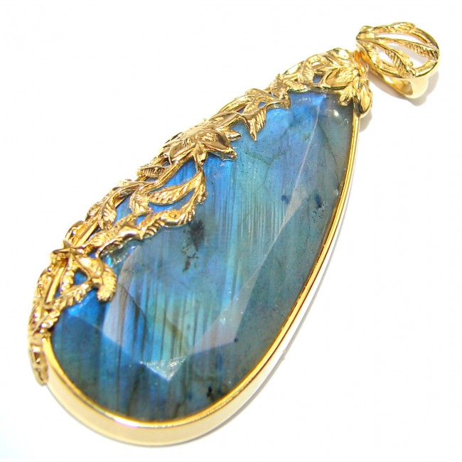 Blue Fire faceted Labradorite gold over .925 Sterling Silver handcrafted Pendant