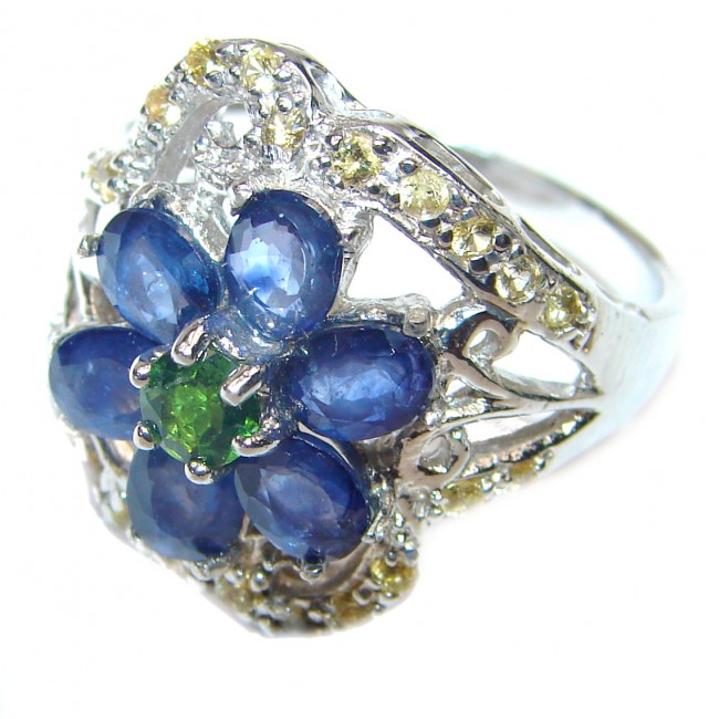 Fancy Genuine Sapphire Emerald .925 Sterling Silver handcrafted Statement Ring size 8 3/4
