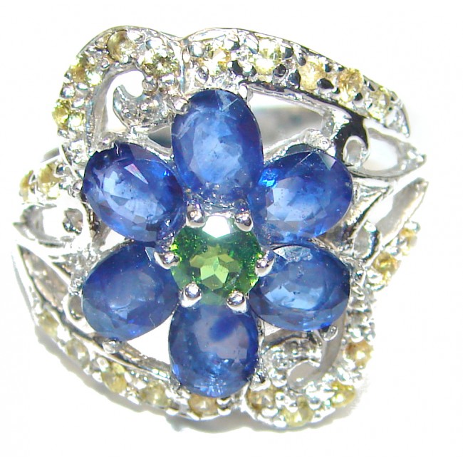 Fancy Genuine Sapphire Emerald .925 Sterling Silver handcrafted Statement Ring size 8 3/4
