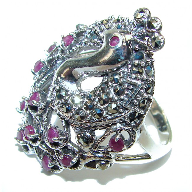 Peacock Red Rose Authentic Ruby Marcasite .925 Sterling Silver Ring size 8