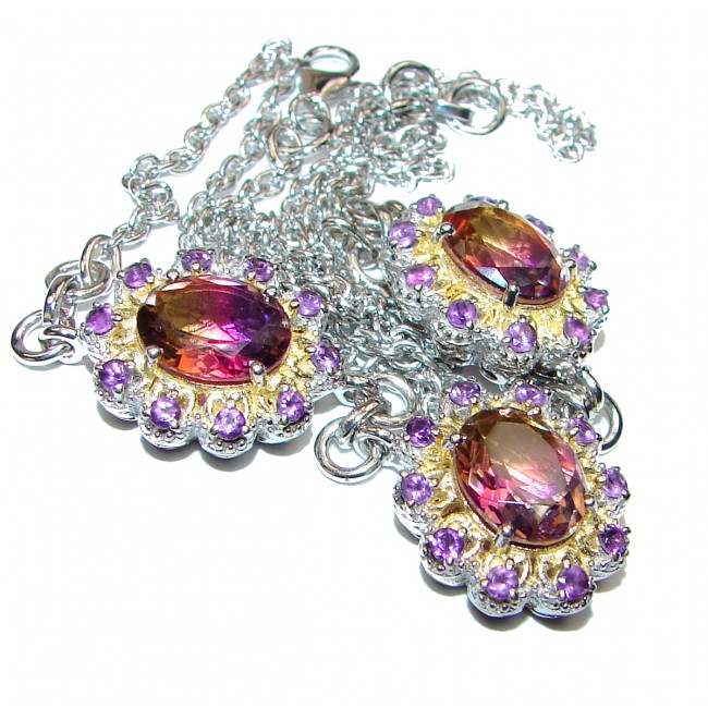 Emerald cut Ametrine 2 tones .925 Sterling Silver handcrafted necklace