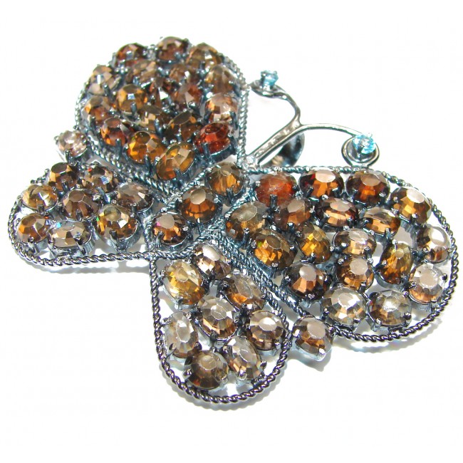 Large Butterfly genuine Champagne Topaz .925 Sterling Silver handmade Pendant - Brooch