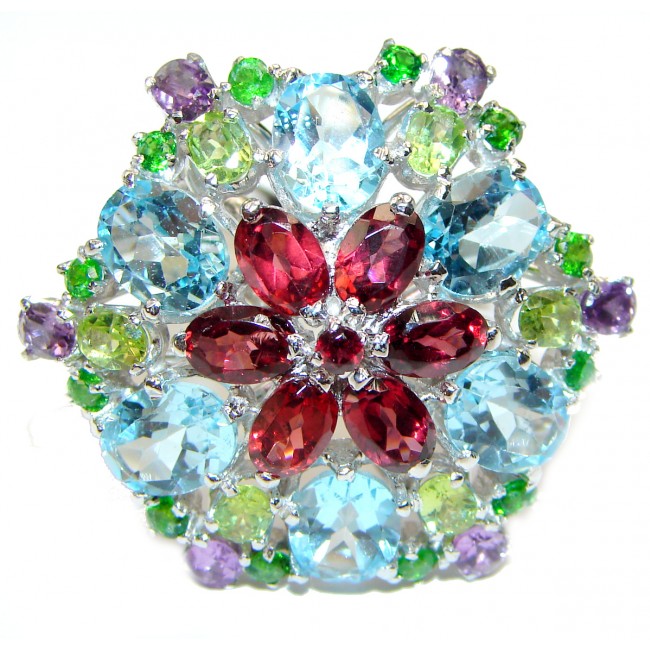 Huge Colorful Flower Authentic Multigem .925 Sterling Silver handmade Ring s. 9 1/4