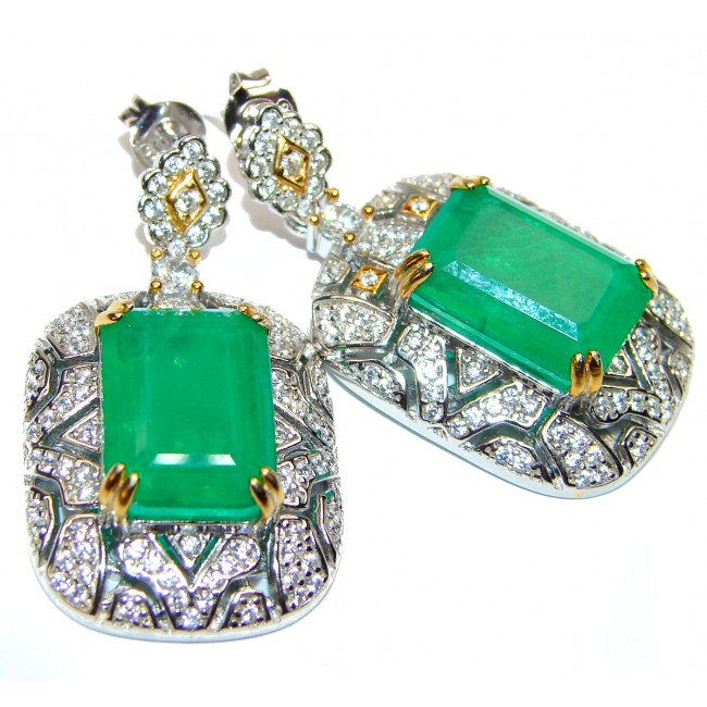 Mia 14.2ctw Emerald 2 tones .925 Sterling Silver handcrafted.925 Sterling Silver handmade earrings