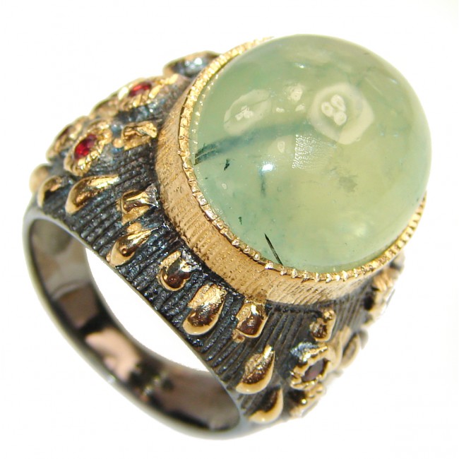 Large Natural Prehnite 14K Gold over .925 Sterling Silver handmade ring s. 7