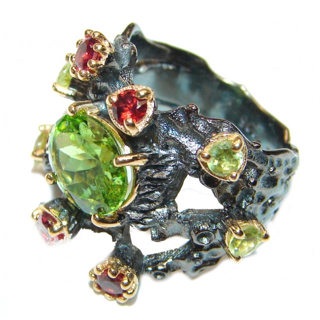 Energizing genuine Peridot Garnet black rhodium over .925 Sterling Silver handcrafted Ring size 6