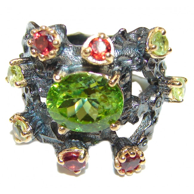 Energizing genuine Peridot Garnet black rhodium over .925 Sterling Silver handcrafted Ring size 6