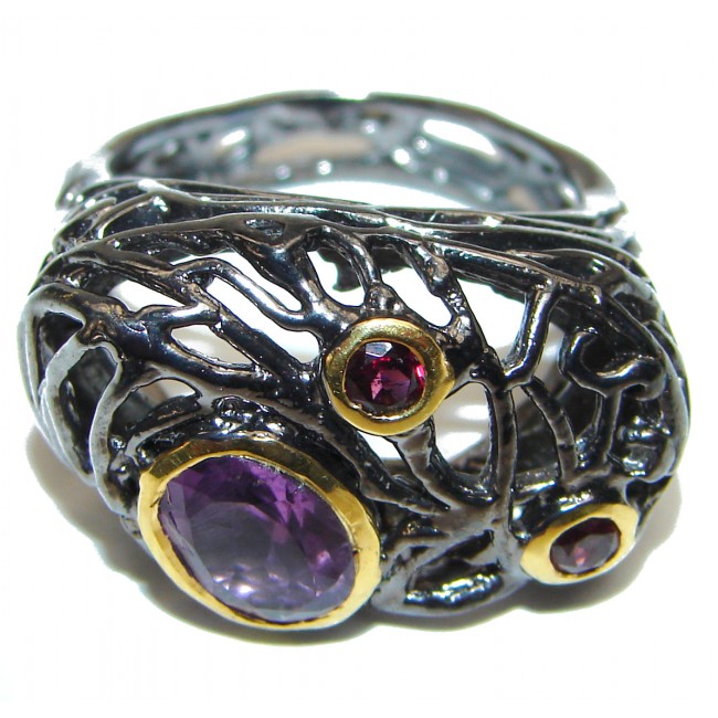 Authentic Garnet Amethyst black rhodium over .925 Sterling Silver handcrafted ring s. 8 1/4