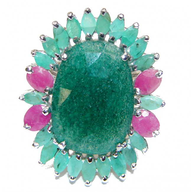 Ravishing Green HUGE Emerald Ruby .925 Sterling Silver handcrafted Statement Ring size 8