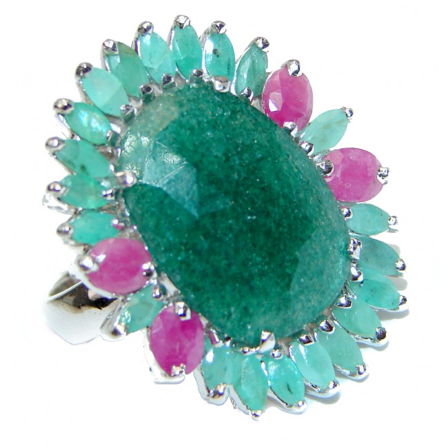 Ravishing Green HUGE Emerald Ruby .925 Sterling Silver handcrafted Statement Ring size 8
