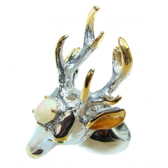Large Deer Head Ethiopian Opal .925 Sterling Silver handmade Ring size 9 1/2