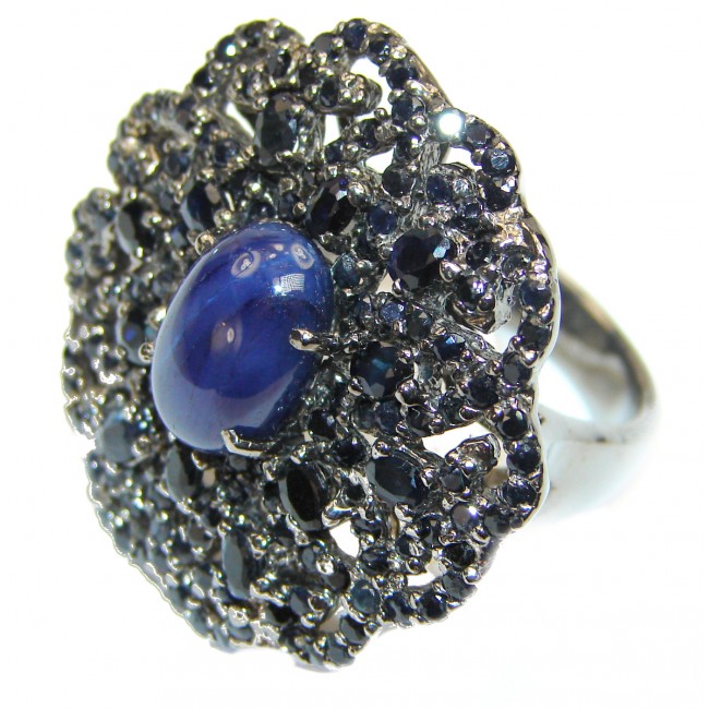Large Vintage Design Natural Sapphire black rhodium over .925 Sterling Silver handcrafted Ring s. 8 1/4