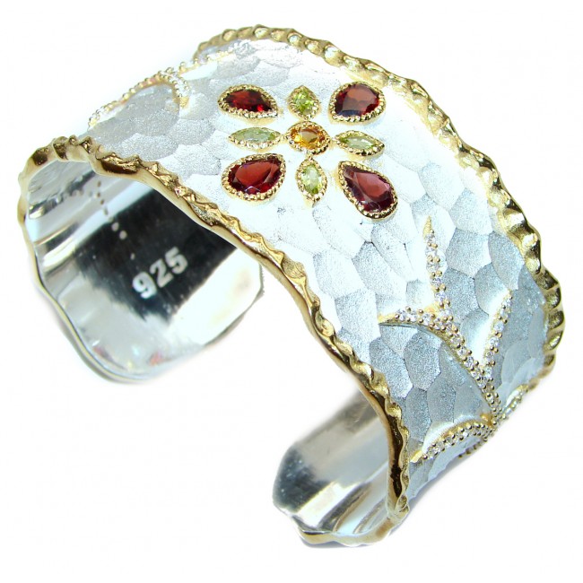Bracelet with Garnet & Diamonds 24K gold and Silver in Antique White Patina