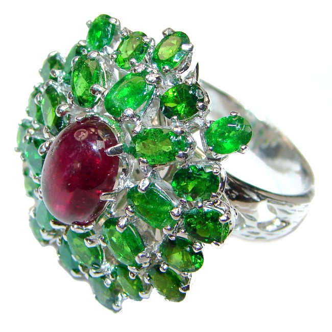 Perfect Flower 45 ctw Ruby Chrome Diopside .925 Sterling Silver handcrafted Statement Ring size 8 1/4