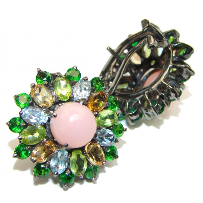 Huge Pink Opal black rhodium over .925 Sterling Silver entirely handmade earrings
