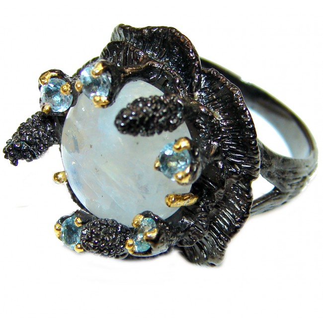 Summer Flower Fire Moonstone black rhodium over .925 Sterling Silver handmade ring s. 7 3/4