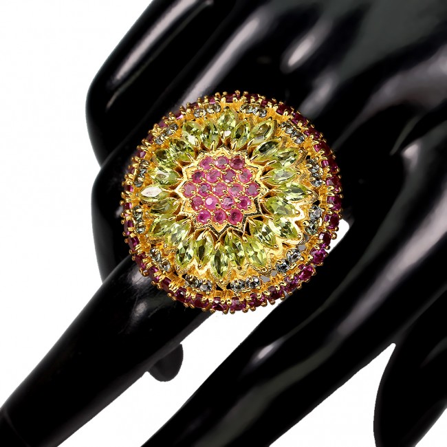 Fiesta Time Authentic Ruby Peridot Sapphire .925 Sterling Silver brilliantly handcrafted HUGE ring s. 8