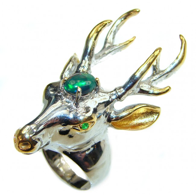 Large Deer Head Black Opal .925 Sterling Silver handmade Ring size 8