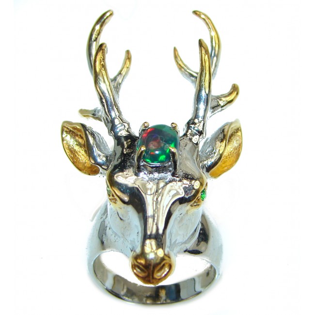 Large Deer Head Black Opal .925 Sterling Silver handmade Ring size 8