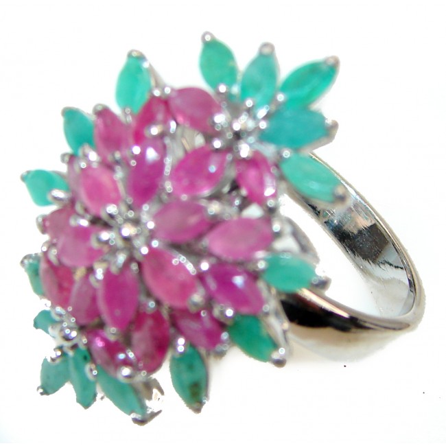 Perfect 45 ctw Ruby Emerald .925 Sterling Silver handcrafted Statement Ring size 8