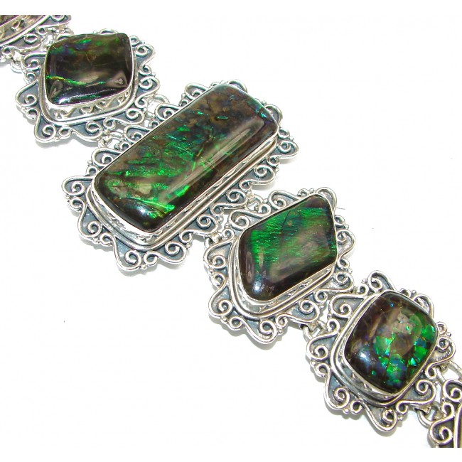 Green Aura Genuine Canadian Ammolite .925 Sterling Silver handmade bracelet