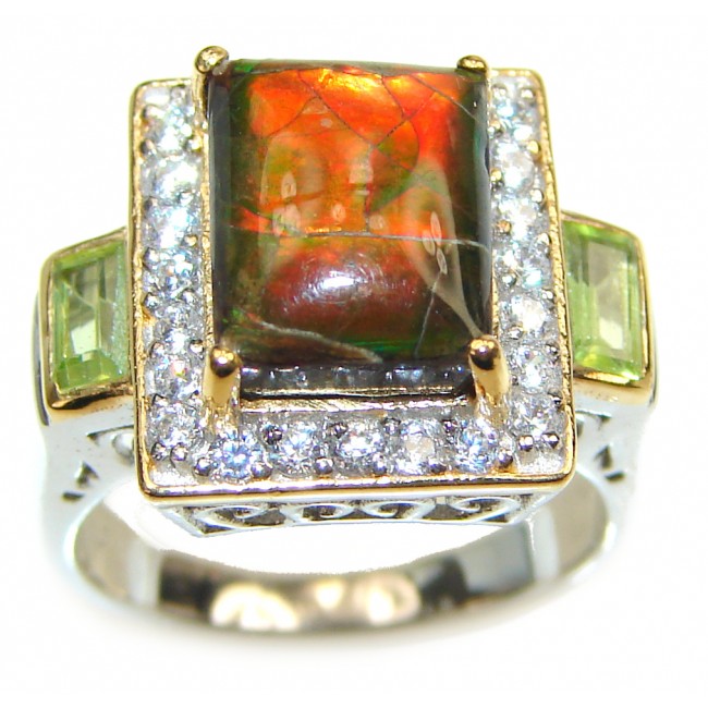 Outstanding Genuine Canadian Ammolite 18K Gold over .925 Sterling Silver handmade ring size 5 3/4