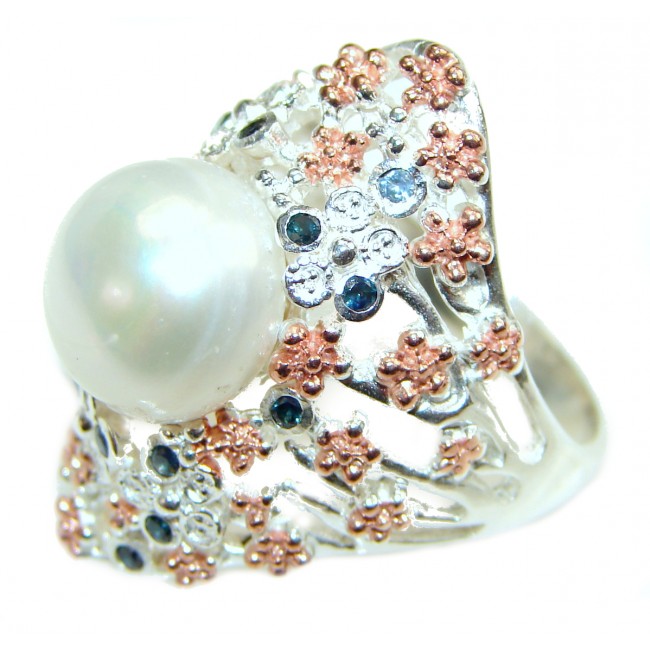 Pearl Sapphire 2 tones .925 Sterling Silver handmade ring size 8