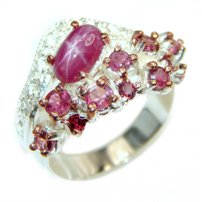 Genuine Star Ruby 2 tones .925 Sterling Silver handcrafted Statement Ring size 7 1/4