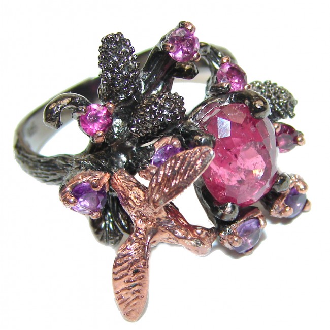 Golden hummingbird Ruby .925 Sterling Silver handcrafted Statement Ring size 7 1/2