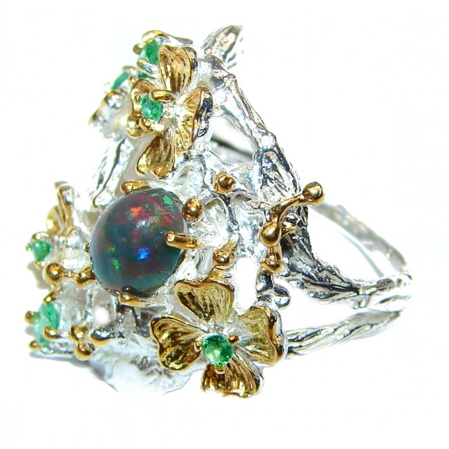 Vintage Style Black Opal Emerald .925 Sterling Silver handmade Cocktail Ring s. 7