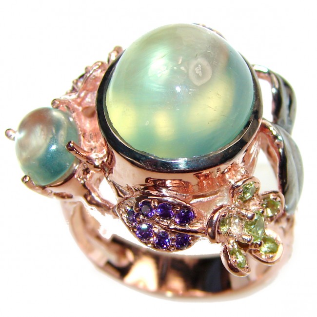 Ravishing Green HUGE Prehnite Rose Gold over .925 Sterling Silver handcrafted Statement Ring size 9