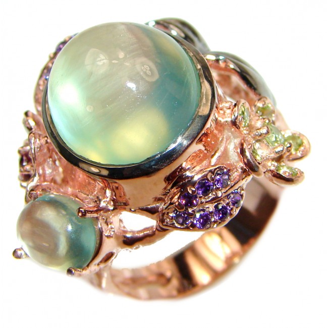 Ravishing Green HUGE Prehnite Rose Gold over .925 Sterling Silver handcrafted Statement Ring size 9