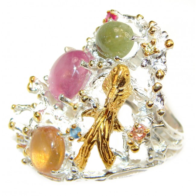 Golden Bird Natural Tourmaline .925 Sterling Silver handcrafted Ring s. 7