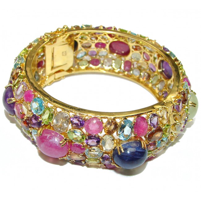 Spectacular authentic Ruby multigem 18K Gold over .925 Sterling Silver handmade bangle Bracelet