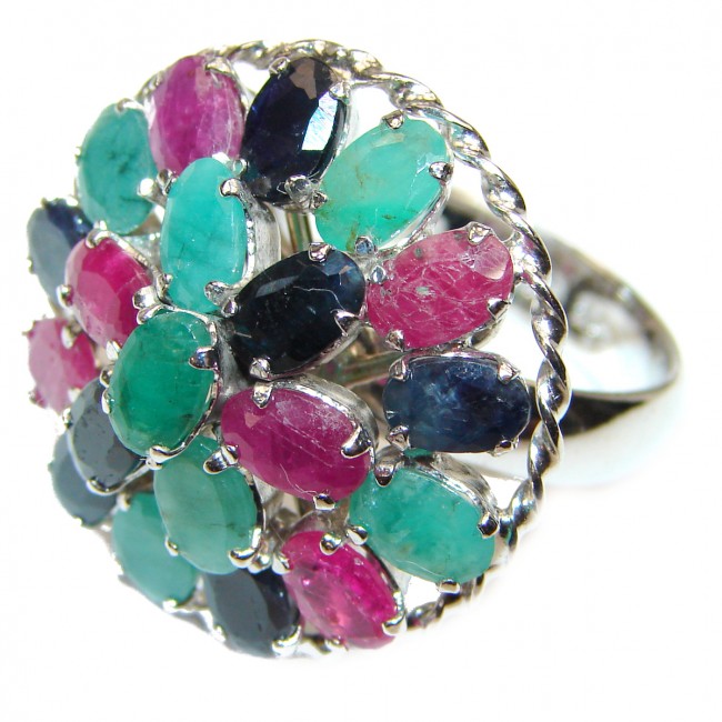 Valentina Genuine Ruby Emerald Sapphire .925 Sterling Silver handcrafted Statement Ring size 8