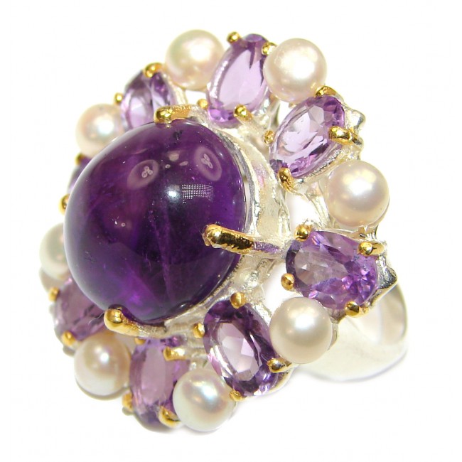 Purple Garden Amethyst Pearl .925 Sterling Silver Statement Huge Ring s. 7
