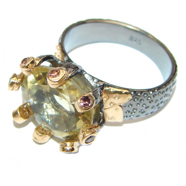 Cocktail Style Natural Citrine 2 tones .925 Sterling Silver handcrafted Ring s. 8 1/2
