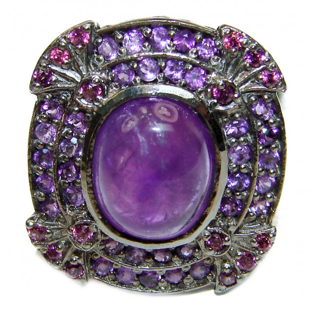 Large genuine Amethyst black rhodium over .925 Sterling Silver handcrafted Ring size 8