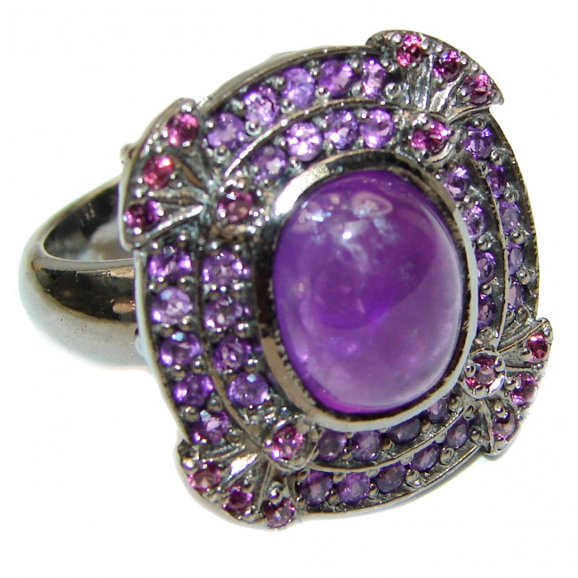 Large genuine Amethyst black rhodium over .925 Sterling Silver handcrafted Ring size 8