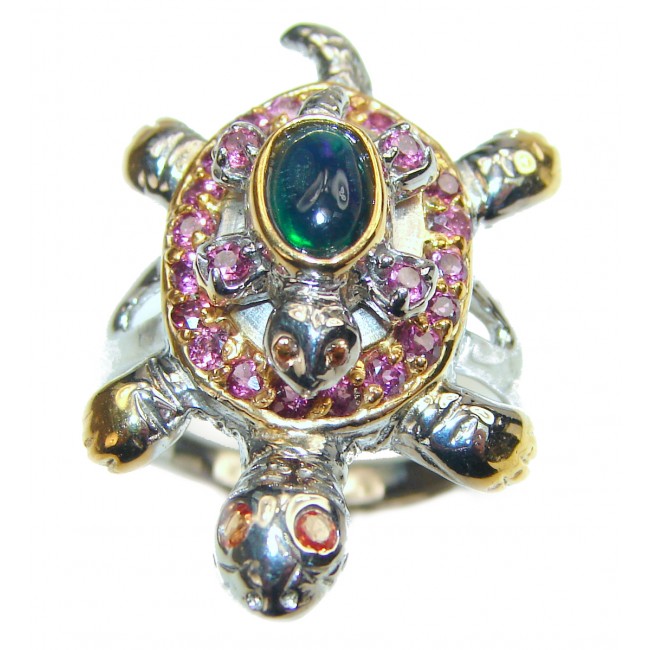 Good health and Long life Turtle 18ctw Genuine Black Opal 24K Gold over .925 Sterling Silver handmade Ring size 7