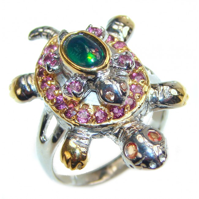 Good health and Long life Turtle 18ctw Genuine Black Opal 24K Gold over .925 Sterling Silver handmade Ring size 7
