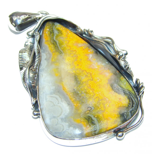 Vivid Beauty Yellow Bumble Bee oxidized .925 Jasper Sterling Silver pendant