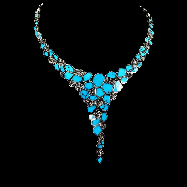 MASSIVE Genuine inlay Turquoise Marcasite .925 Sterling Silver handmade handcrafted Necklace