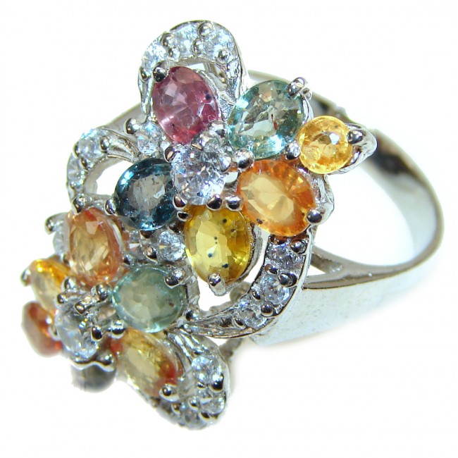 Valentina Genuine multicolor Sapphire .925 Sterling Silver handcrafted Statement Ring size 7 1/2