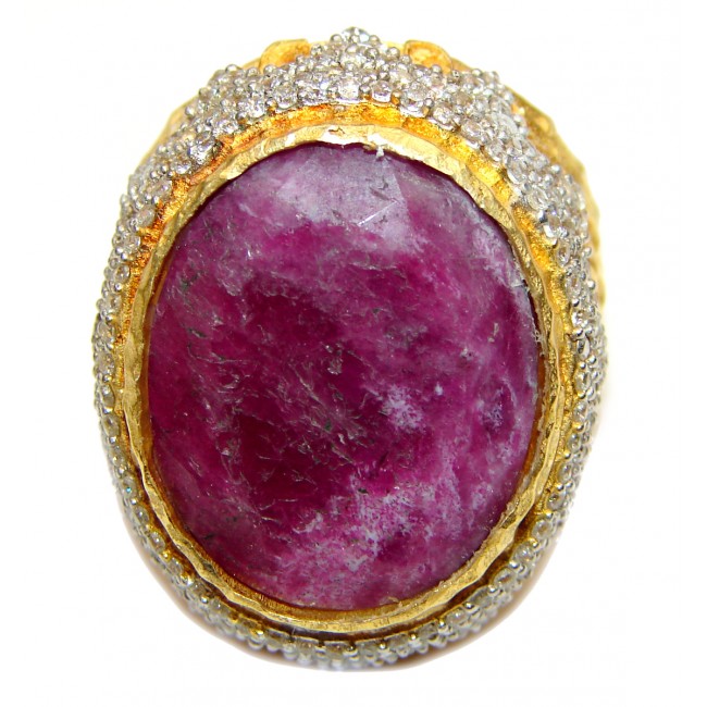 Genuine Ruby 18K yellow Gold over .925 Sterling Silver handmade LARGE Cocktail Ring s. 8