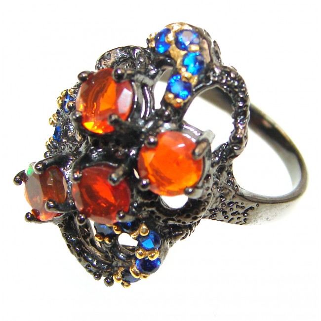 Golden Flames Genuine Mexican Opal .925 Sterling Silver handmade HUGE Ring size 7