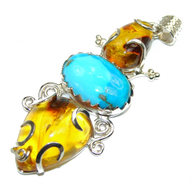 Huge amazing quality Turquoise Amber .925 Sterling Silver handmade pendant