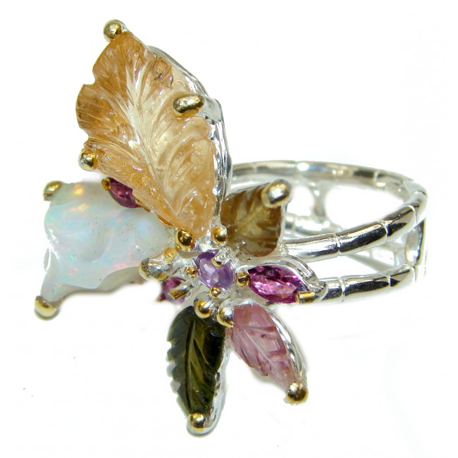 COSMIC Flower Genuine Ethiopian Opal .925 Sterling Silver handmade HUGE Ring size 8 1/4