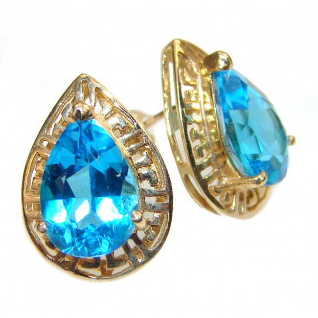 14K yellow Gold 4.3 carat pear shape Swiss Blue Topaz Earrings