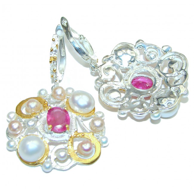 Classy Baroque Style Ruby Pearl 2 tones .925 Sterling Silver handmade earrings